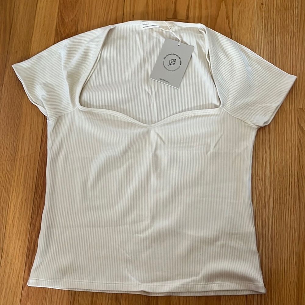 OAK + FORT Cream Ribbed Square-Neck Short Sleeve Top (Tag Not Included)